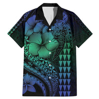 Hawaiian Sea Turtle Family Matching Mermaid Dress and Hawaiian Shirt Blue Hibiscus Flowers and Kakau Pattern LT9 Dad's Shirt - Short Sleeve Blue - Polynesian Pride
