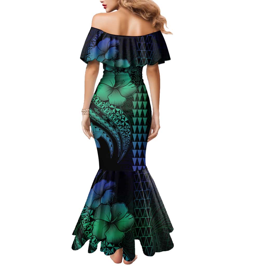 Hawaiian Sea Turtle Family Matching Mermaid Dress and Hawaiian Shirt Blue Hibiscus Flowers and Kakau Pattern LT9 - Polynesian Pride
