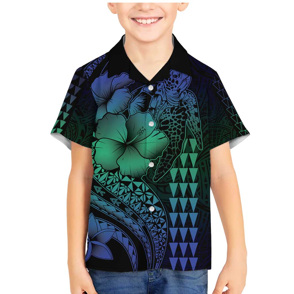 Hawaiian Sea Turtle Family Matching Mermaid Dress and Hawaiian Shirt Blue Hibiscus Flowers and Kakau Pattern LT9 Son's Shirt Blue - Polynesian Pride