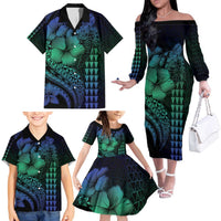 Hawaiian Sea Turtle Family Matching Off The Shoulder Long Sleeve Dress and Hawaiian Shirt Blue Hibiscus Flowers and Kakau Pattern LT9 - Polynesian Pride