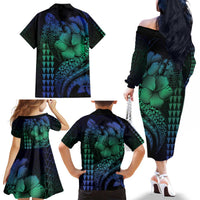 Hawaiian Sea Turtle Family Matching Off The Shoulder Long Sleeve Dress and Hawaiian Shirt Blue Hibiscus Flowers and Kakau Pattern LT9 - Polynesian Pride