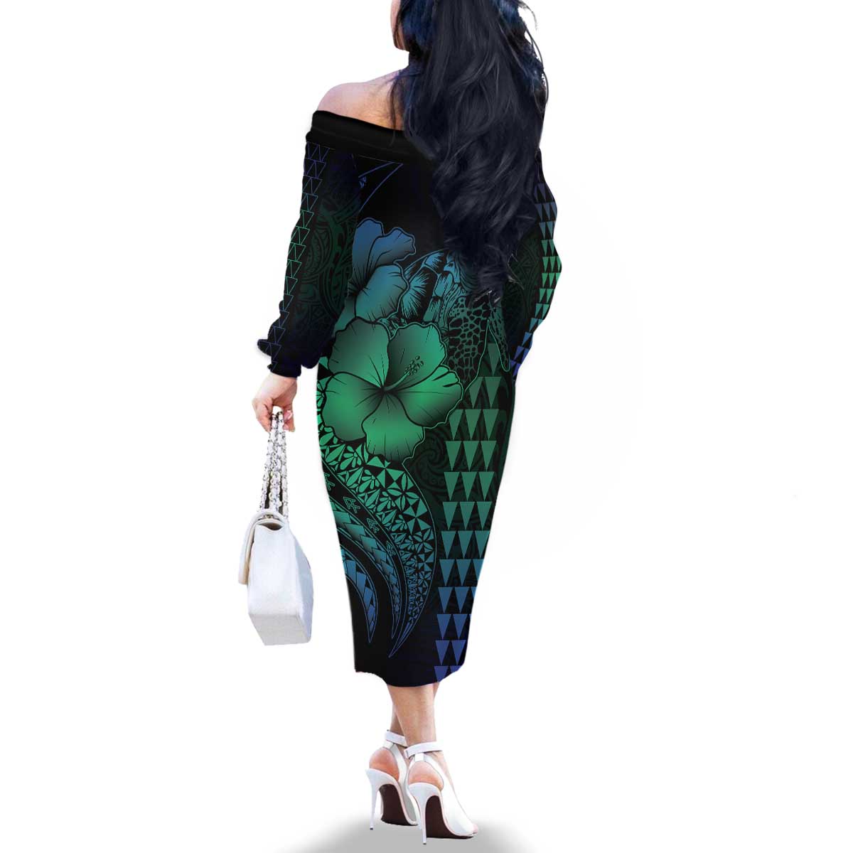 Hawaiian Sea Turtle Family Matching Off The Shoulder Long Sleeve Dress and Hawaiian Shirt Blue Hibiscus Flowers and Kakau Pattern LT9 - Polynesian Pride