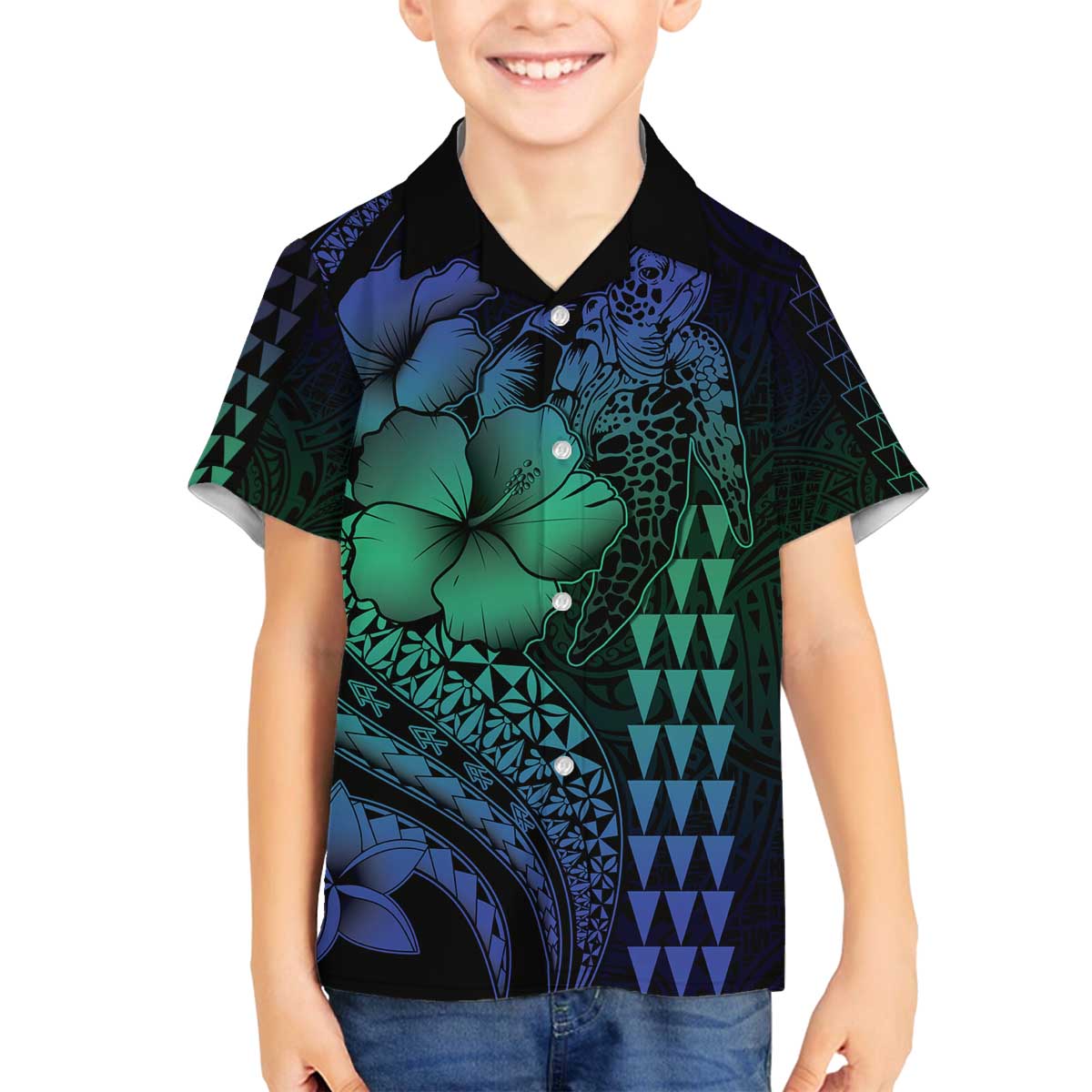 Hawaiian Sea Turtle Family Matching Off The Shoulder Long Sleeve Dress and Hawaiian Shirt Blue Hibiscus Flowers and Kakau Pattern LT9 Son's Shirt Blue - Polynesian Pride