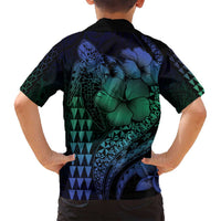 Hawaiian Sea Turtle Family Matching Off Shoulder Maxi Dress and Hawaiian Shirt Blue Hibiscus Flowers and Kakau Pattern LT9 - Polynesian Pride