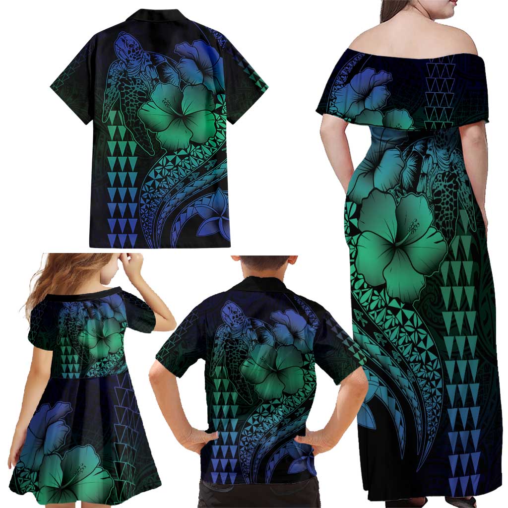 Hawaiian Sea Turtle Family Matching Off Shoulder Maxi Dress and Hawaiian Shirt Blue Hibiscus Flowers and Kakau Pattern LT9 - Polynesian Pride