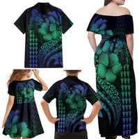 Hawaiian Sea Turtle Family Matching Off Shoulder Maxi Dress and Hawaiian Shirt Blue Hibiscus Flowers and Kakau Pattern LT9 - Polynesian Pride