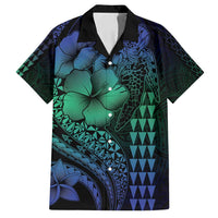 Hawaiian Sea Turtle Family Matching Off Shoulder Maxi Dress and Hawaiian Shirt Blue Hibiscus Flowers and Kakau Pattern LT9 Dad's Shirt - Short Sleeve Blue - Polynesian Pride