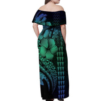 Hawaiian Sea Turtle Family Matching Off Shoulder Maxi Dress and Hawaiian Shirt Blue Hibiscus Flowers and Kakau Pattern LT9 - Polynesian Pride