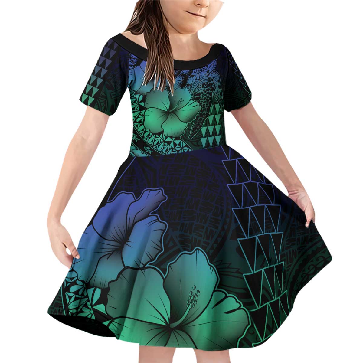 Hawaiian Sea Turtle Family Matching Off Shoulder Short Dress and Hawaiian Shirt Blue Hibiscus Flowers and Kakau Pattern LT9 Daughter's Dress Blue - Polynesian Pride