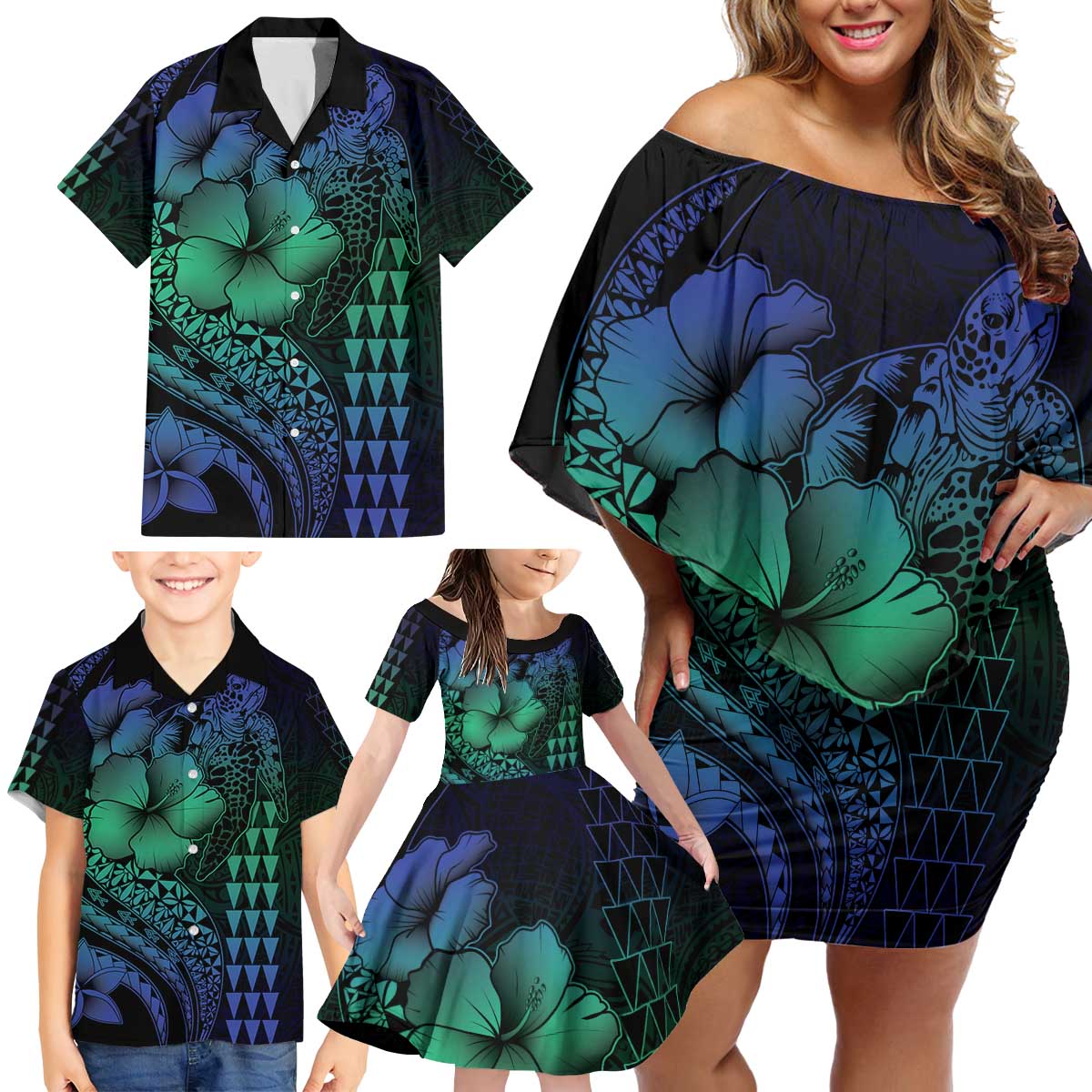 Hawaiian Sea Turtle Family Matching Off Shoulder Short Dress and Hawaiian Shirt Blue Hibiscus Flowers and Kakau Pattern LT9 - Polynesian Pride