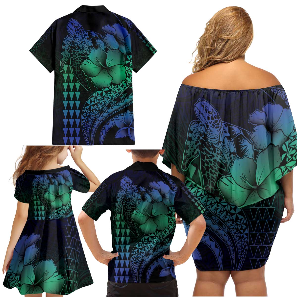 Hawaiian Sea Turtle Family Matching Off Shoulder Short Dress and Hawaiian Shirt Blue Hibiscus Flowers and Kakau Pattern LT9 - Polynesian Pride