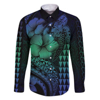 Hawaiian Sea Turtle Family Matching Off Shoulder Short Dress and Hawaiian Shirt Blue Hibiscus Flowers and Kakau Pattern LT9 Dad's Shirt - Long Sleeve Blue - Polynesian Pride