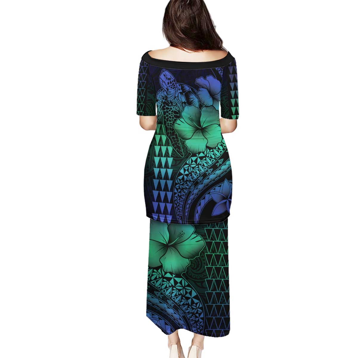 Hawaiian Sea Turtle Family Matching Puletasi and Hawaiian Shirt Blue Hibiscus Flowers and Kakau Pattern