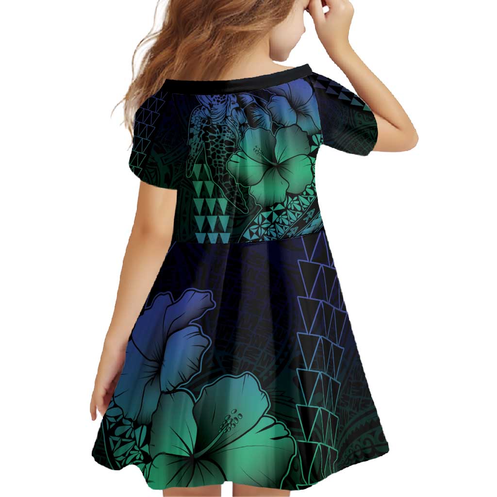 Hawaiian Sea Turtle Family Matching Short Sleeve Bodycon Dress and Hawaiian Shirt Blue Hibiscus Flowers and Kakau Pattern LT9 - Polynesian Pride