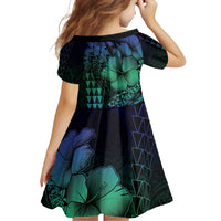 Hawaiian Sea Turtle Family Matching Short Sleeve Bodycon Dress and Hawaiian Shirt Blue Hibiscus Flowers and Kakau Pattern LT9 - Polynesian Pride