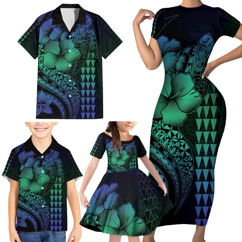 Hawaiian Sea Turtle Family Matching Short Sleeve Bodycon Dress and Hawaiian Shirt Blue Hibiscus Flowers and Kakau Pattern LT9 - Polynesian Pride
