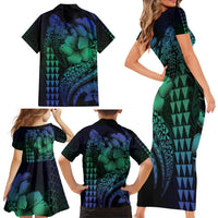 Hawaiian Sea Turtle Family Matching Short Sleeve Bodycon Dress and Hawaiian Shirt Blue Hibiscus Flowers and Kakau Pattern LT9 - Polynesian Pride