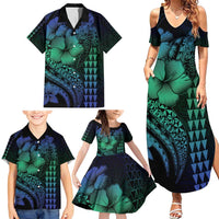 Hawaiian Sea Turtle Family Matching Summer Maxi Dress and Hawaiian Shirt Blue Hibiscus Flowers and Kakau Pattern LT9 - Polynesian Pride