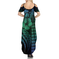 Hawaiian Sea Turtle Family Matching Summer Maxi Dress and Hawaiian Shirt Blue Hibiscus Flowers and Kakau Pattern LT9 - Polynesian Pride