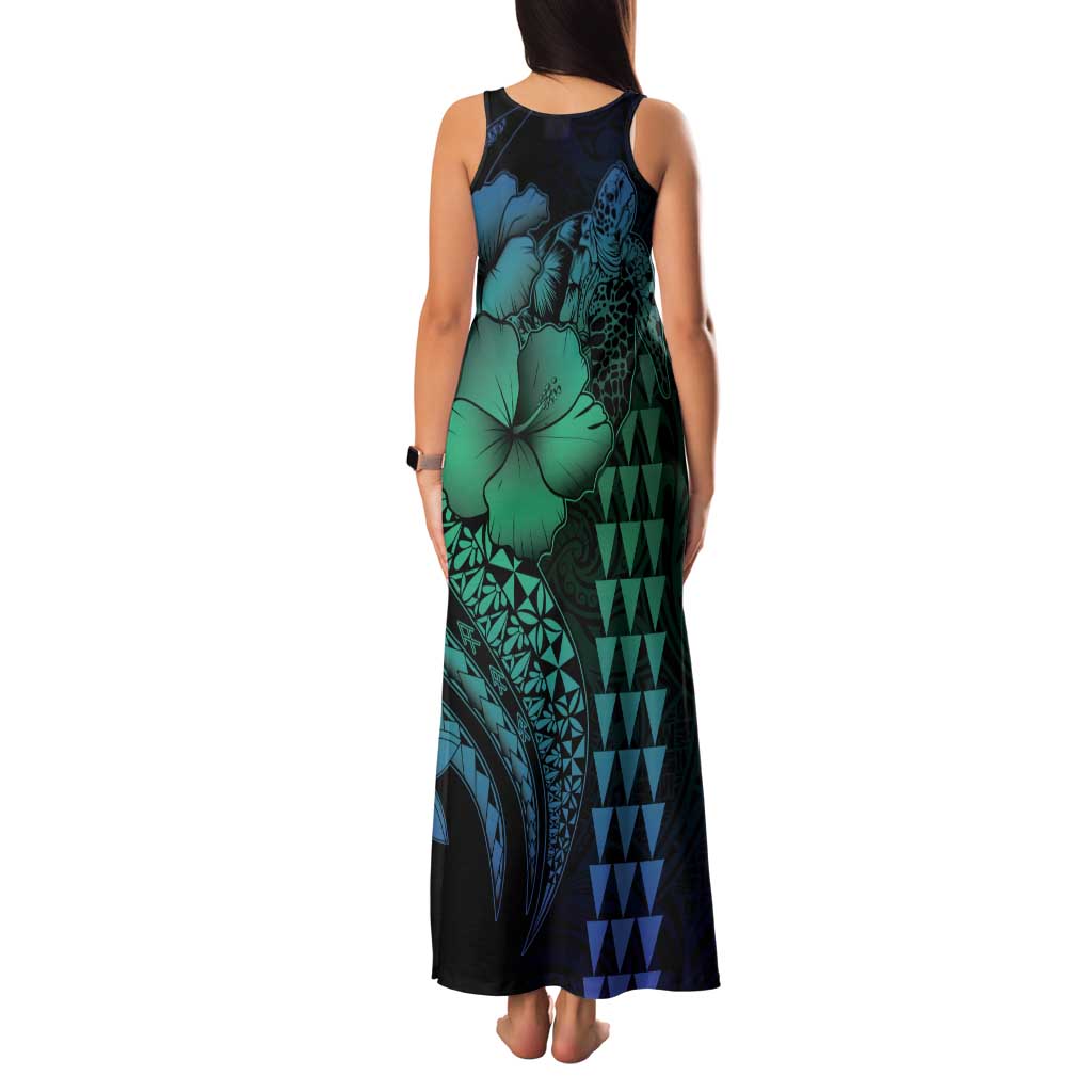 Hawaiian Sea Turtle Family Matching Tank Maxi Dress and Hawaiian Shirt Blue Hibiscus Flowers and Kakau Pattern LT9 - Polynesian Pride