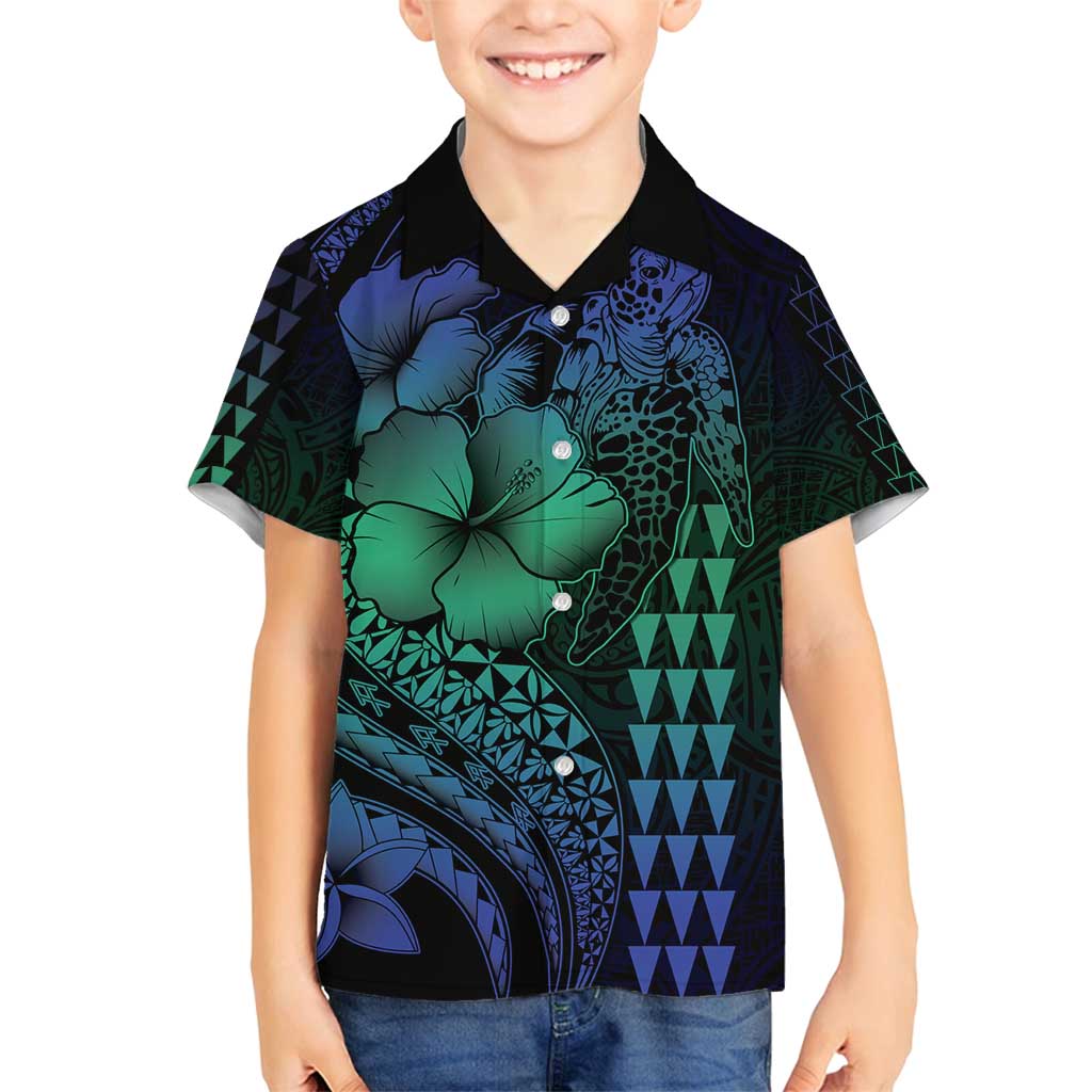 Hawaiian Sea Turtle Family Matching Tank Maxi Dress and Hawaiian Shirt Blue Hibiscus Flowers and Kakau Pattern LT9 Son's Shirt Blue - Polynesian Pride