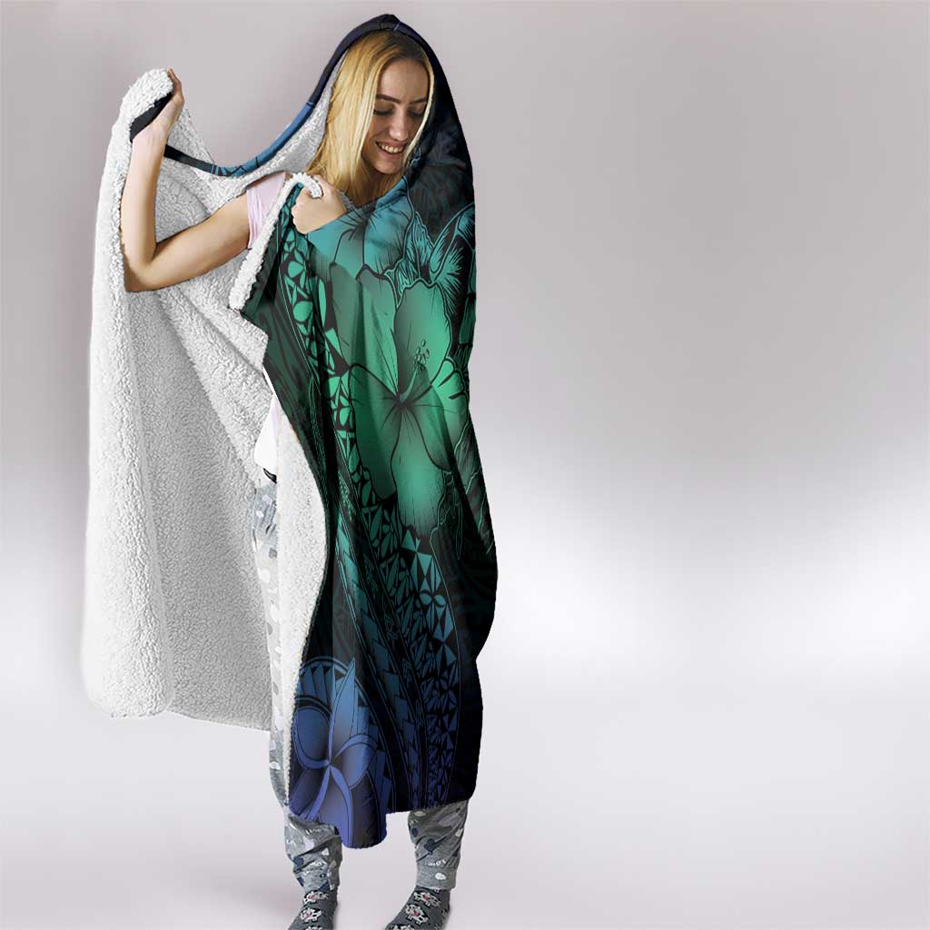 Hawaiian Sea Turtle Hooded Blanket Blue Hibiscus Flowers and Kakau Pattern
