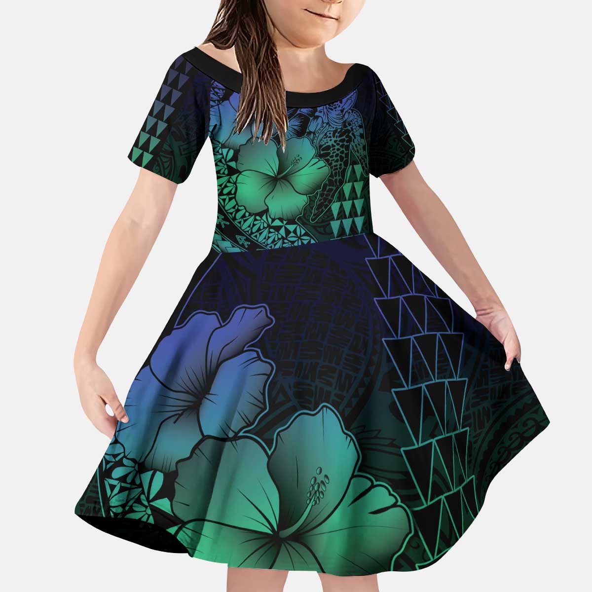Hawaiian Sea Turtle Kid Short Sleeve Dress Blue Hibiscus Flowers and Kakau Pattern