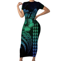 Hawaiian Sea Turtle Short Sleeve Bodycon Dress Blue Hibiscus Flowers and Kakau Pattern