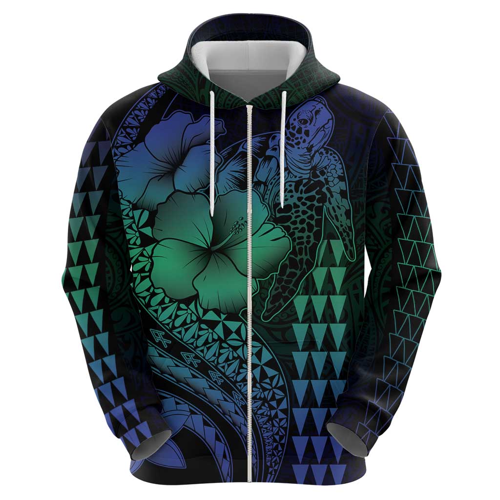 Hawaiian Sea Turtle Zip Hoodie Blue Hibiscus Flowers and Kakau Pattern