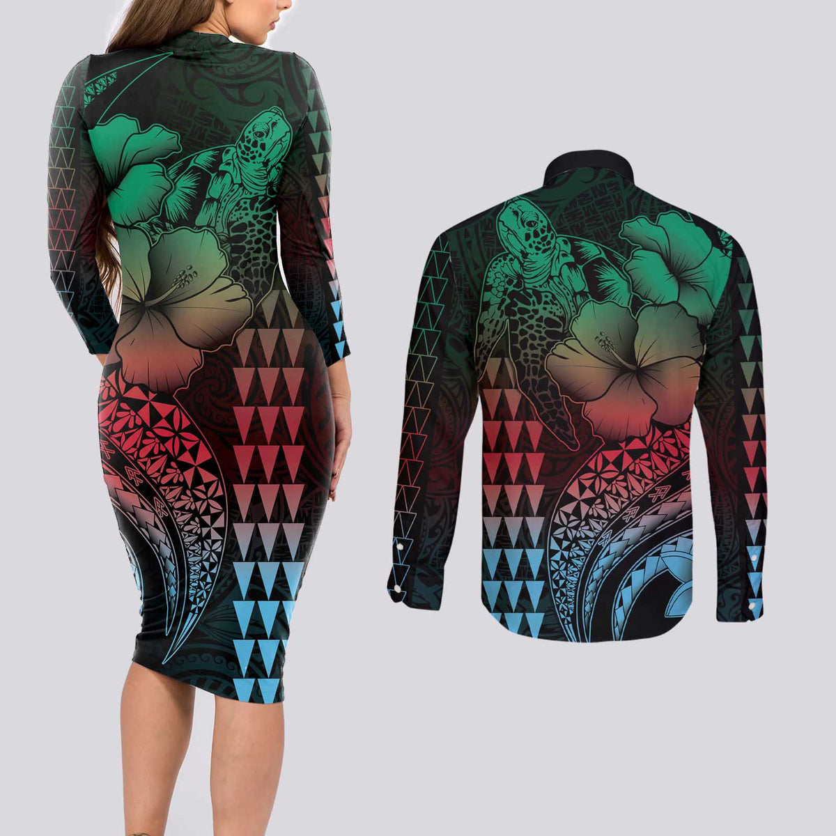 Hawaiian Sea Turtle Couples Matching Long Sleeve Bodycon Dress and Long Sleeve Button Shirt Green Hibiscus Flowers and Kakau Pattern
