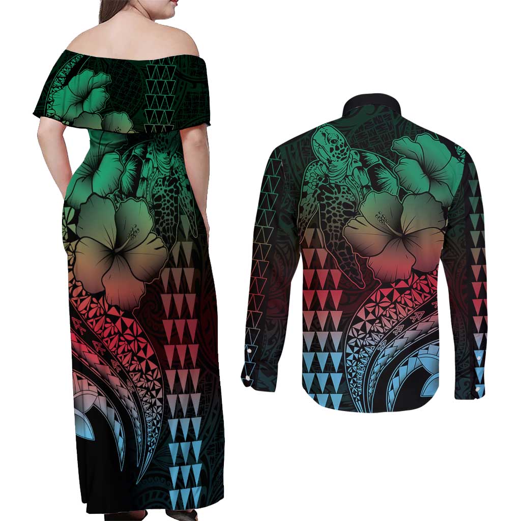 Hawaiian Sea Turtle Couples Matching Off Shoulder Maxi Dress and Long Sleeve Button Shirt Green Hibiscus Flowers and Kakau Pattern