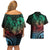 Hawaiian Sea Turtle Couples Matching Off Shoulder Short Dress and Hawaiian Shirt Green Hibiscus Flowers and Kakau Pattern