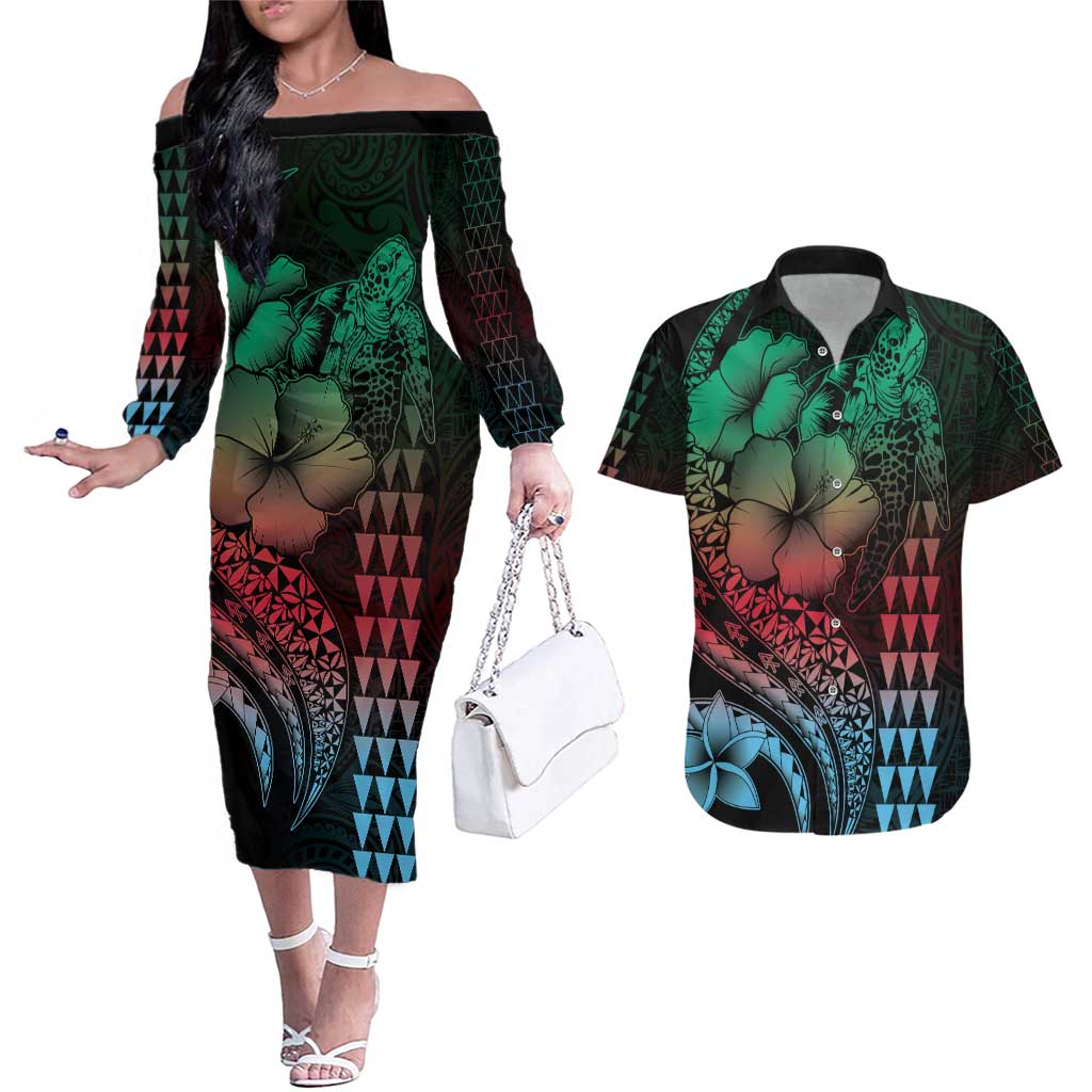 Hawaiian Sea Turtle Couples Matching Off The Shoulder Long Sleeve Dress and Hawaiian Shirt Green Hibiscus Flowers and Kakau Pattern LT9 Green - Polynesian Pride