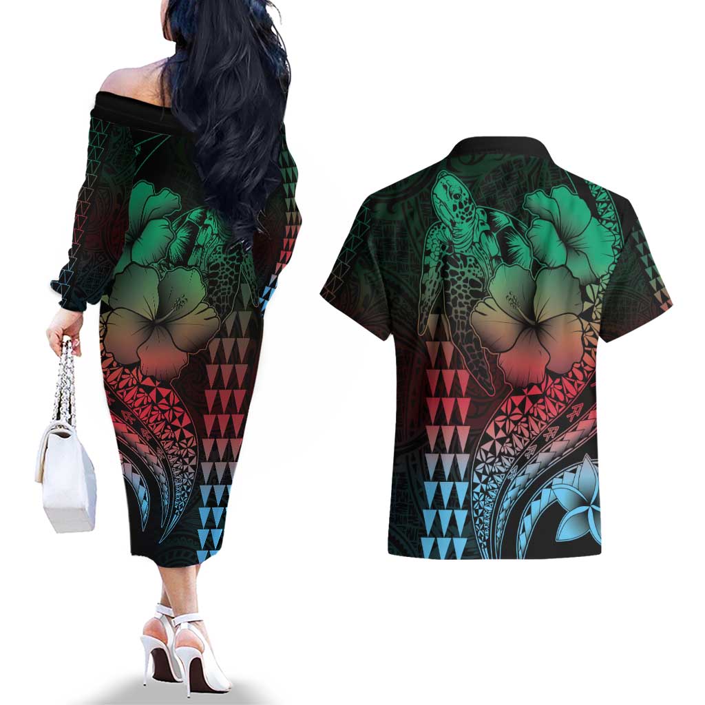 Hawaiian Sea Turtle Couples Matching Off The Shoulder Long Sleeve Dress and Hawaiian Shirt Green Hibiscus Flowers and Kakau Pattern LT9 - Polynesian Pride