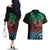 Hawaiian Sea Turtle Couples Matching Off The Shoulder Long Sleeve Dress and Hawaiian Shirt Green Hibiscus Flowers and Kakau Pattern