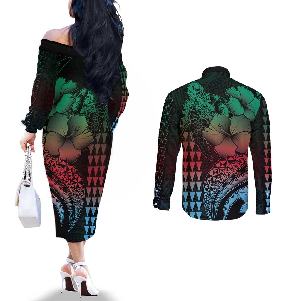 Hawaiian Sea Turtle Couples Matching Off The Shoulder Long Sleeve Dress and Long Sleeve Button Shirt Green Hibiscus Flowers and Kakau Pattern