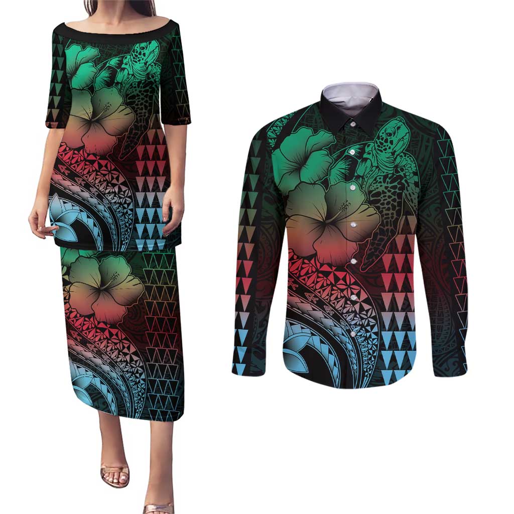 Hawaiian Sea Turtle Couples Matching Puletasi and Long Sleeve Button Shirt Green Hibiscus Flowers and Kakau Pattern