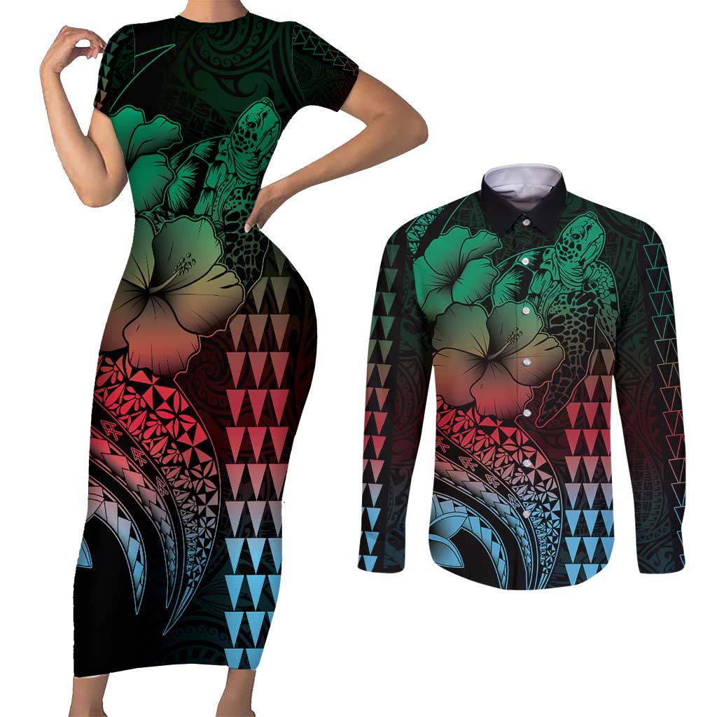 Hawaiian Sea Turtle Couples Matching Short Sleeve Bodycon Dress and Long Sleeve Button Shirt Green Hibiscus Flowers and Kakau Pattern