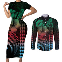 Hawaiian Sea Turtle Couples Matching Short Sleeve Bodycon Dress and Long Sleeve Button Shirt Green Hibiscus Flowers and Kakau Pattern