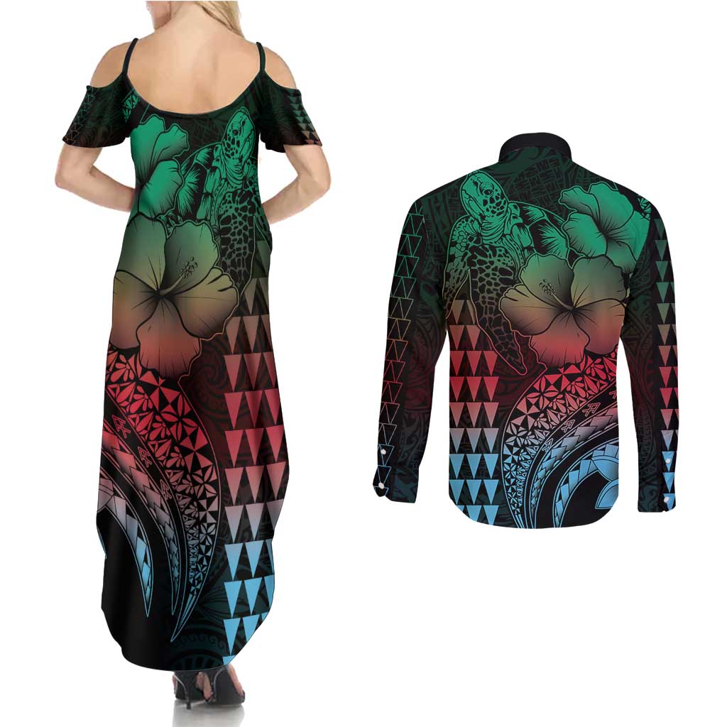 Hawaiian Sea Turtle Couples Matching Summer Maxi Dress and Long Sleeve Button Shirt Green Hibiscus Flowers and Kakau Pattern