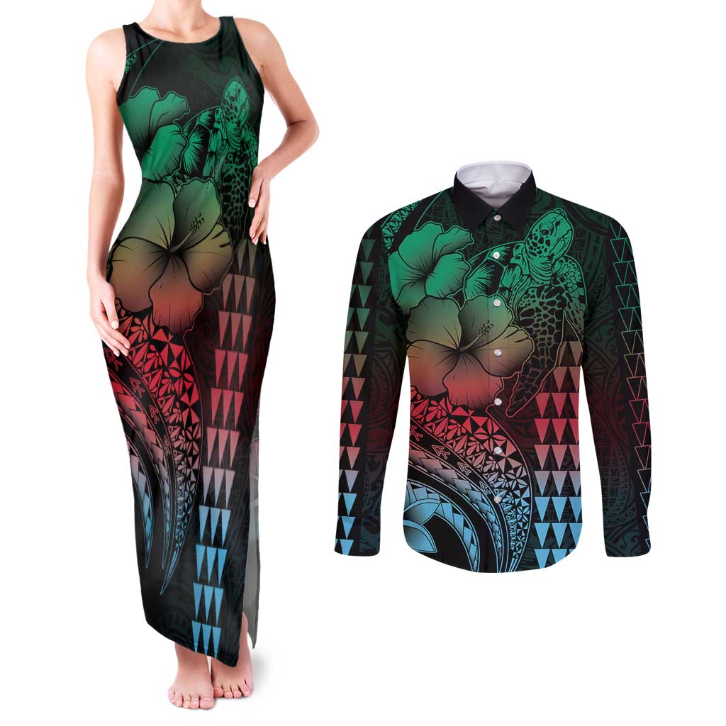 Hawaiian Sea Turtle Couples Matching Tank Maxi Dress and Long Sleeve Button Shirt Green Hibiscus Flowers and Kakau Pattern