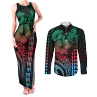 Hawaiian Sea Turtle Couples Matching Tank Maxi Dress and Long Sleeve Button Shirt Green Hibiscus Flowers and Kakau Pattern