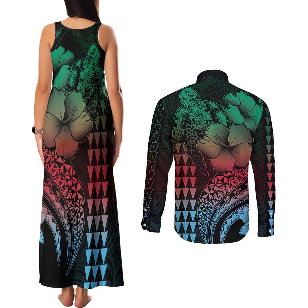 Hawaiian Sea Turtle Couples Matching Tank Maxi Dress and Long Sleeve Button Shirt Green Hibiscus Flowers and Kakau Pattern