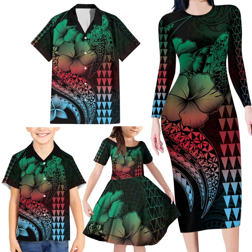 Hawaiian Sea Turtle Family Matching Long Sleeve Bodycon Dress and Hawaiian Shirt Green Hibiscus Flowers and Kakau Pattern LT9 - Polynesian Pride