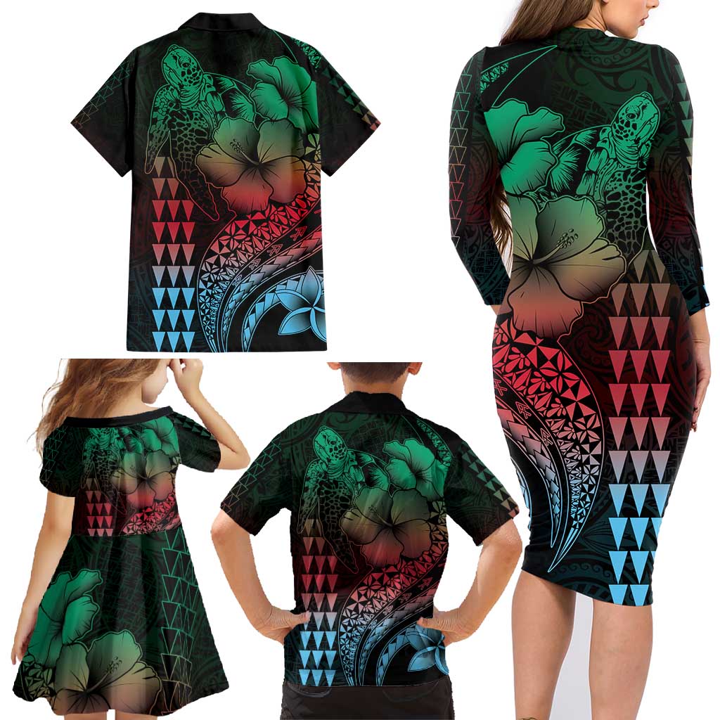 Hawaiian Sea Turtle Family Matching Long Sleeve Bodycon Dress and Hawaiian Shirt Green Hibiscus Flowers and Kakau Pattern LT9 - Polynesian Pride