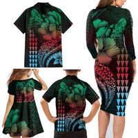 Hawaiian Sea Turtle Family Matching Long Sleeve Bodycon Dress and Hawaiian Shirt Green Hibiscus Flowers and Kakau Pattern LT9 - Polynesian Pride