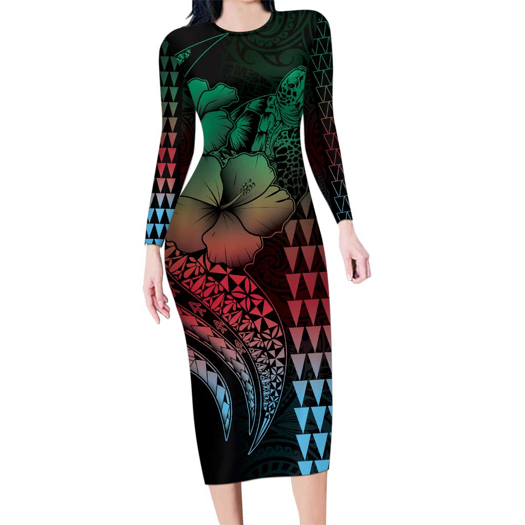 Hawaiian Sea Turtle Family Matching Long Sleeve Bodycon Dress and Hawaiian Shirt Green Hibiscus Flowers and Kakau Pattern LT9 Mom's Dress Green - Polynesian Pride