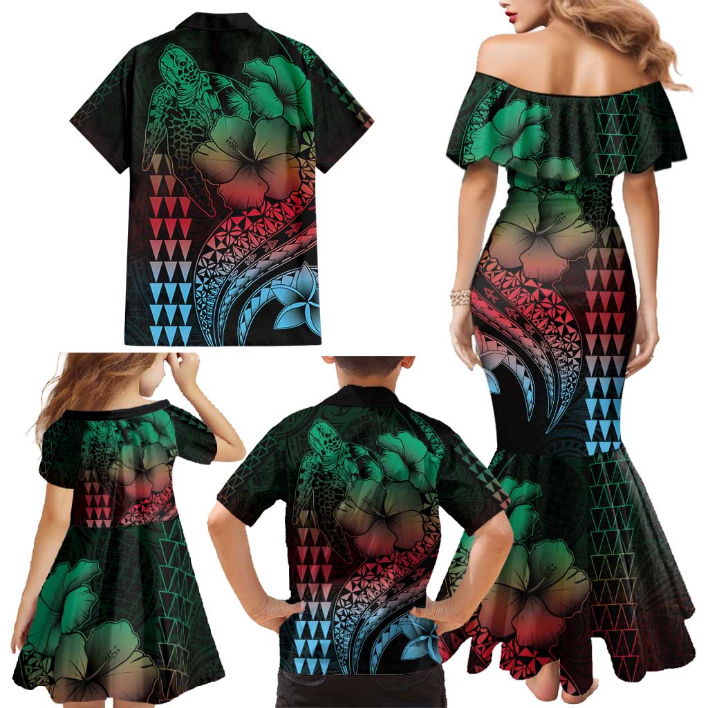 Hawaiian Sea Turtle Family Matching Mermaid Dress and Hawaiian Shirt Green Hibiscus Flowers and Kakau Pattern LT9 - Polynesian Pride