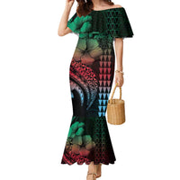 Hawaiian Sea Turtle Family Matching Mermaid Dress and Hawaiian Shirt Green Hibiscus Flowers and Kakau Pattern LT9 Mom's Dress Green - Polynesian Pride