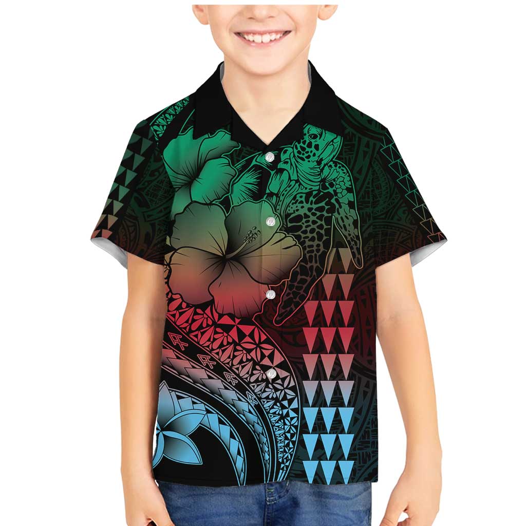 Hawaiian Sea Turtle Family Matching Mermaid Dress and Hawaiian Shirt Green Hibiscus Flowers and Kakau Pattern LT9 Son's Shirt Green - Polynesian Pride